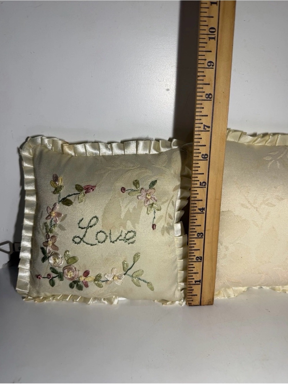 Embroidered "Love" and "Faith" Satin-Trim Accent Pillow Pair - Cream - Picture 11 of 12